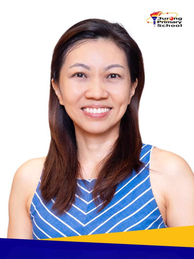 Smiling woman in blue striped sleeveless top, long dark hair